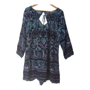 Joe Browns Boho Floral Tunic Teal Purple Tassel Cotton Size 18 Festival Gypsy